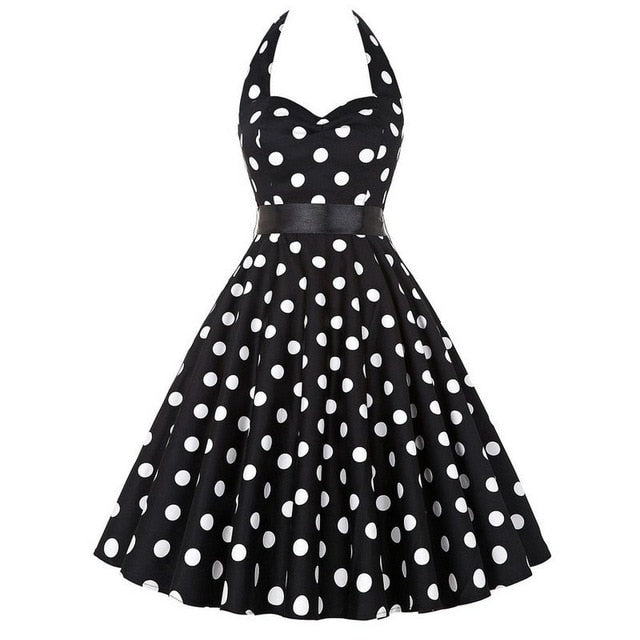 Women Polka Dot Print Summer Dress Sexy Retro White Halter Vintage Dress Plus Size Robe Femme Pin Up Rockabilly Party Dress
