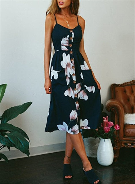 Floral Stripe Long dress V-Neck Sleevele Button Beach Casual Boho Midi Dress Plus Size 3XL vestidos