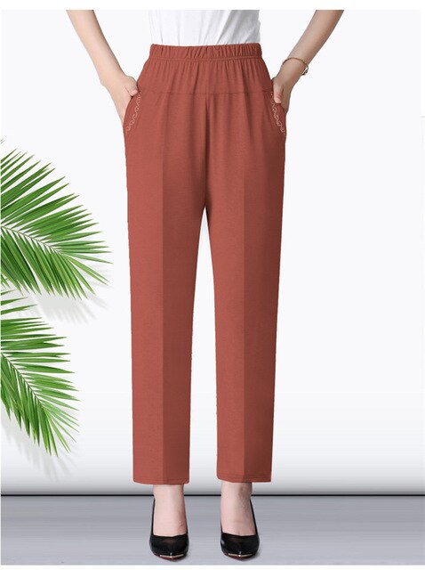 Middle-aged Women Spring Summer Pant Thin Elastic Waist Straight Pants Mother Casual Nine Points Pants Plus Size