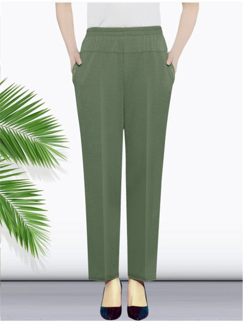 Middle-aged Women Spring Summer Pant Thin Elastic Waist Straight Pants Mother Casual Nine Points Pants Plus Size