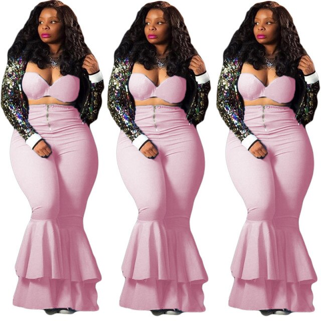 Plus Size Two Piece Sets Sexy Solid Color Tight Wrapped Top Flared Pants Outfits