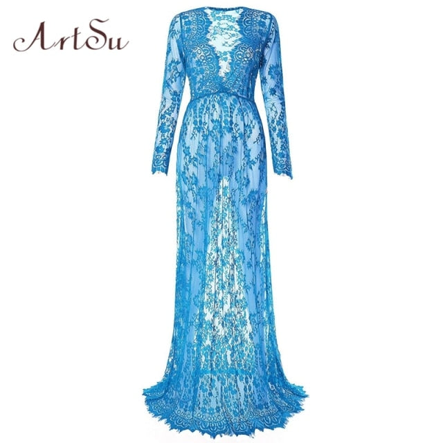 ArtSu Lace Dress Sleepwear Floor-Length See Through