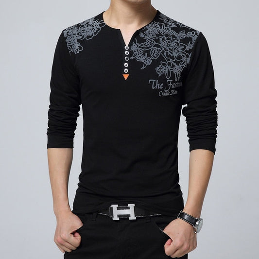 Autumn Fashion Floral Print Men T-shirt Henry Collar Button Decorate Long Sleeve Plus Size