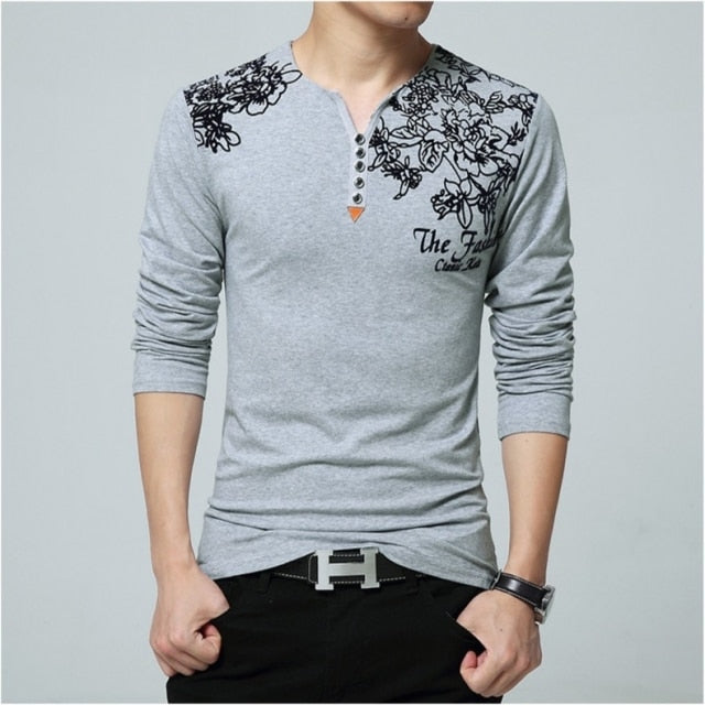 Autumn Fashion Floral Print Men T-shirt Henry Collar Button Decorate Long Sleeve Plus Size