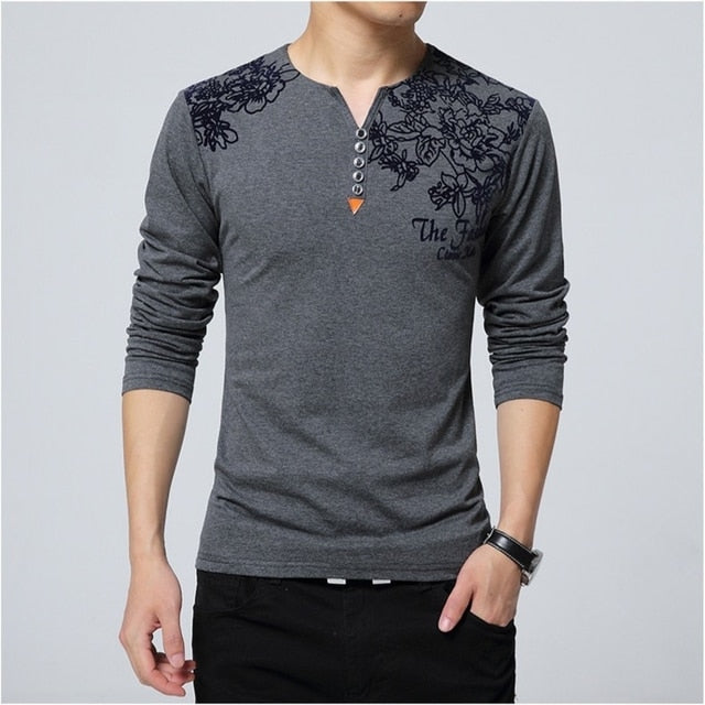 Autumn Fashion Floral Print Men T-shirt Henry Collar Button Decorate Long Sleeve Plus Size