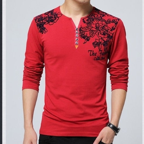 Autumn Fashion Floral Print Men T-shirt Henry Collar Button Decorate Long Sleeve Plus Size