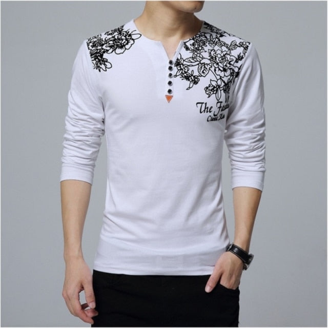 Autumn Fashion Floral Print Men T-shirt Henry Collar Button Decorate Long Sleeve Plus Size