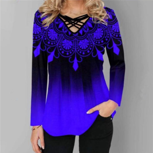 Oversized Spring Women Blouses Long Sleeve Gradient Element Print Shirts Casual Cross V-Neck Ladies Tops Plus Size 4XL 5XL 2021