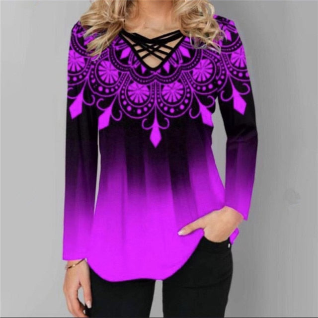 Oversized Spring Women Blouses Long Sleeve Gradient Element Print Shirts Casual Cross V-Neck Ladies Tops Plus Size 4XL 5XL 2021