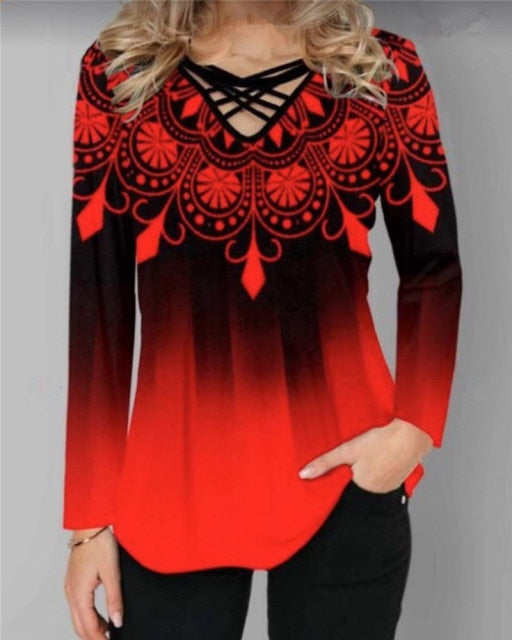 Oversized Spring Women Blouses Long Sleeve Gradient Element Print Shirts Casual Cross V-Neck Ladies Tops Plus Size 4XL 5XL 2021