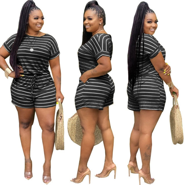 Summer 2021 S-5XL Plus Size Two Piece Set Women Clothing Striped Outfits Round Neck Short Sleeve Crop Top Shorts Set Tracksuits