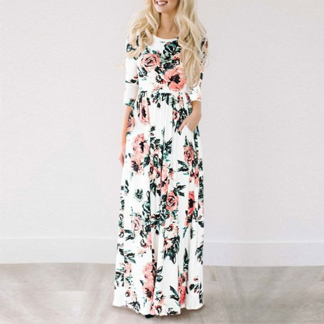 Floral Print Maxi Dress White Boho Beach Dress Women Evening Party Long Dress Plus Size