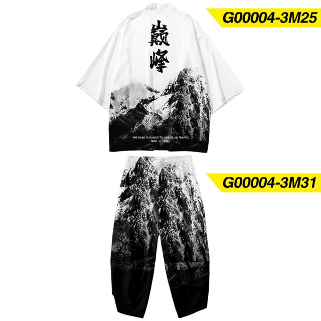 Plus Size XS-6XL Black Fox Printing Japanese Style Fashion Kimono And Pant Set Men Cardigan Blouse Haori Obi Asian Clothes