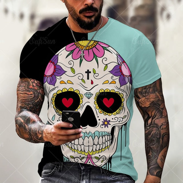 Men Street Skull Head 3D Printing Unisex Clothes Plus Size Comfortable Round Neck