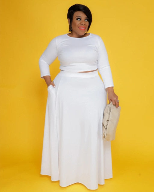 Plus Size Two Piece Set Long Sleeve Tops High Waist Slit Maxi Skirts Sets Matching Suit