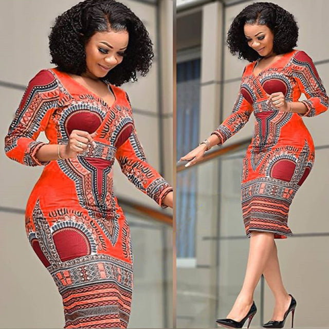 African Floral Print Retro Dress V-neck Bodycon Plus Size