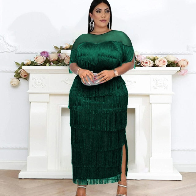 Elegant Tassel Long Dresses Bodycon Tulle Patchwork Curvy Plus Size