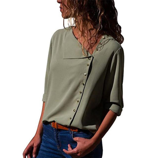 Women blouses Long Sleeve Skew Collar Chiffon Blouse Casual Tops Plus Size Elegent Work Wear Shirt