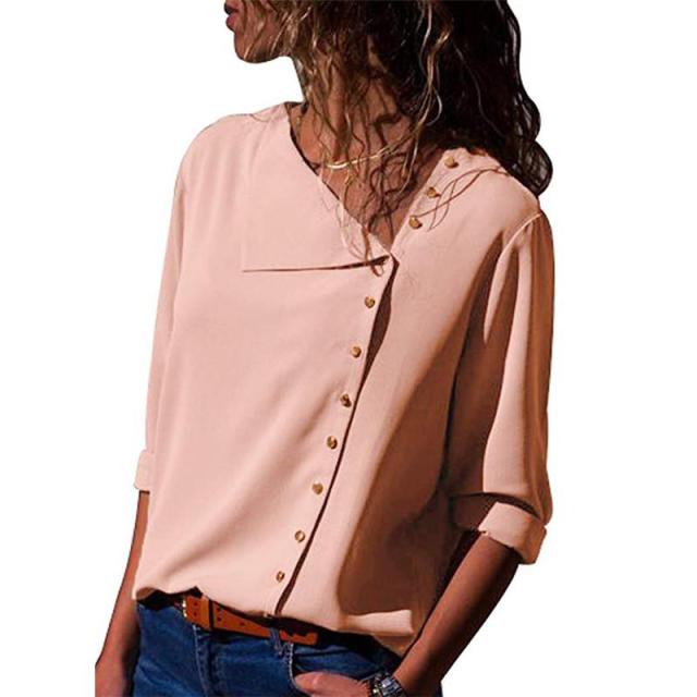 Women blouses Long Sleeve Skew Collar Chiffon Blouse Casual Tops Plus Size Elegent Work Wear Shirt