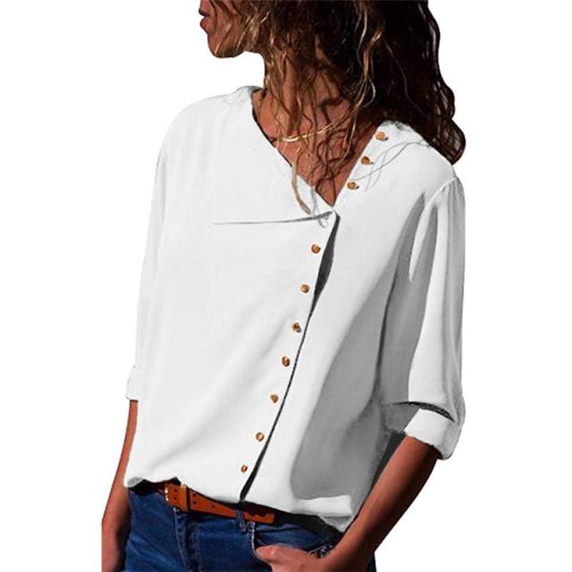 Women blouses Long Sleeve Skew Collar Chiffon Blouse Casual Tops Plus Size Elegent Work Wear Shirt