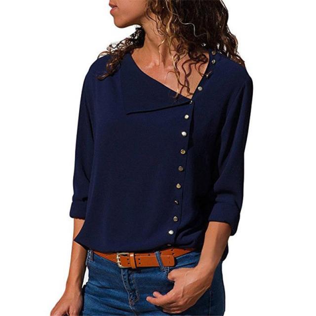 Women blouses Long Sleeve Skew Collar Chiffon Blouse Casual Tops Plus Size Elegent Work Wear Shirt