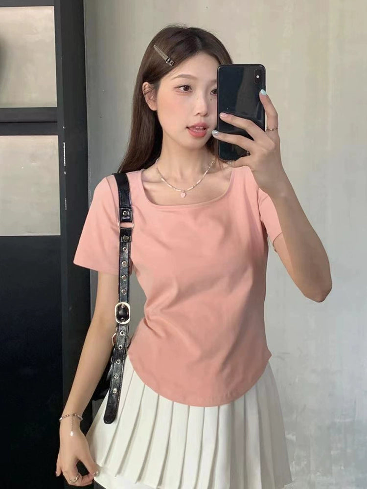 Plus Size Plus Size Ladies Belly Covering Chic Square Collar Fashionable T-shirt