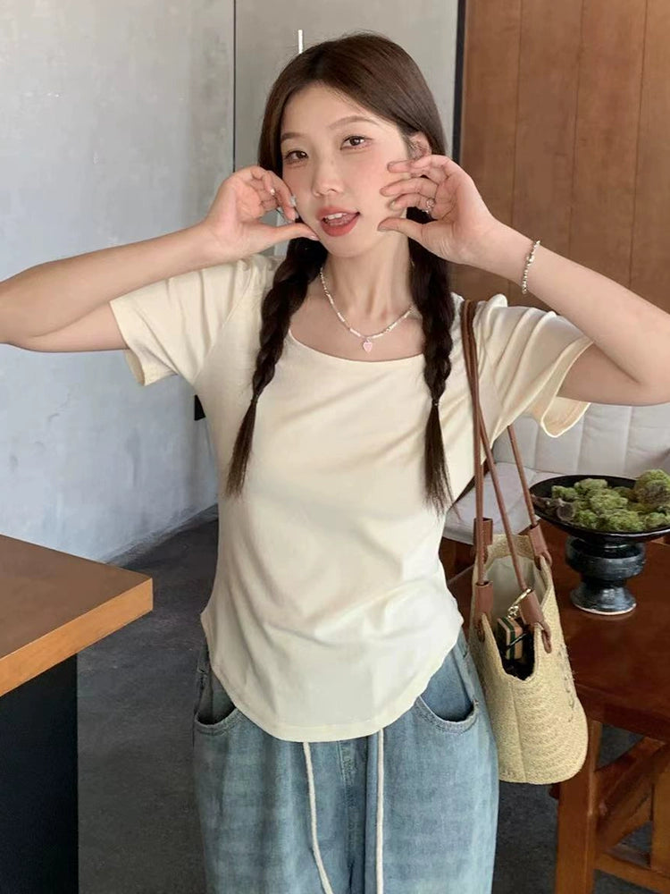 Plus Size Plus Size Ladies Belly Covering Chic Square Collar Fashionable T-shirt