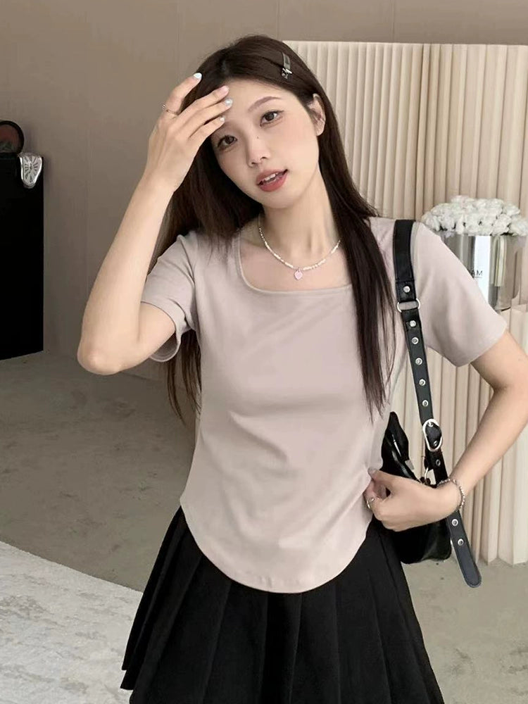 Plus Size Plus Size Ladies Belly Covering Chic Square Collar Fashionable T-shirt