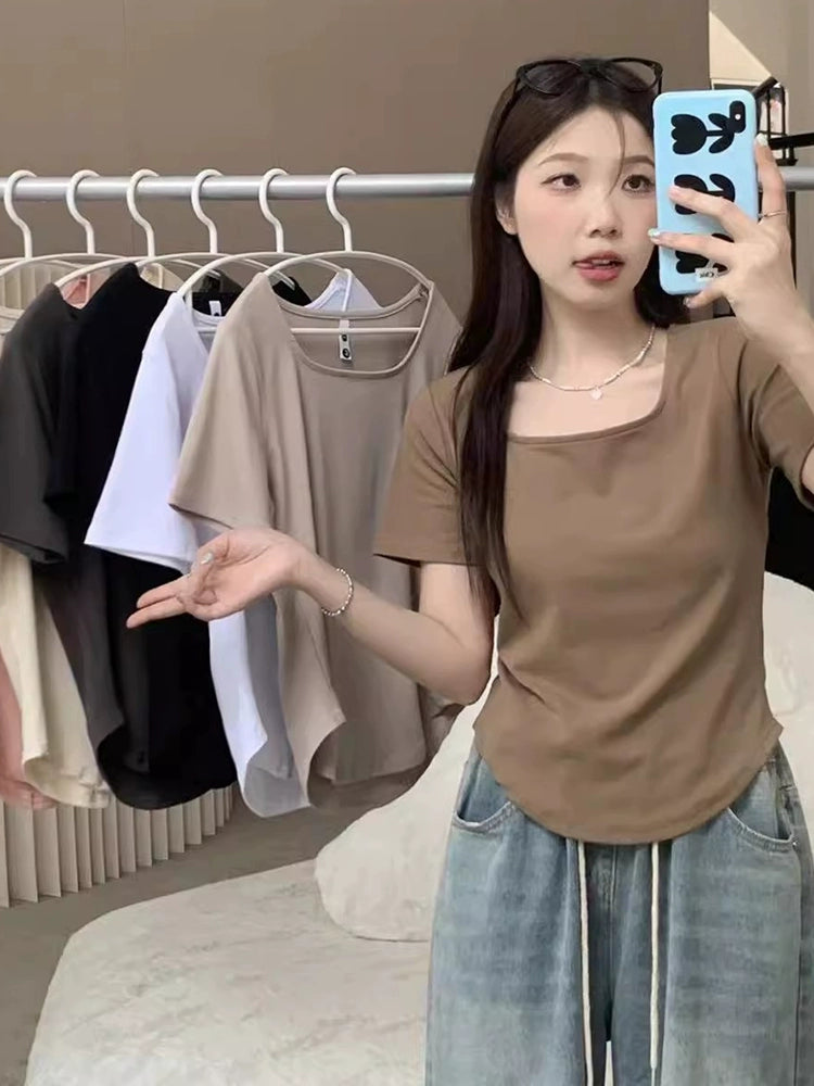 Plus Size Plus Size Ladies Belly Covering Chic Square Collar Fashionable T-shirt