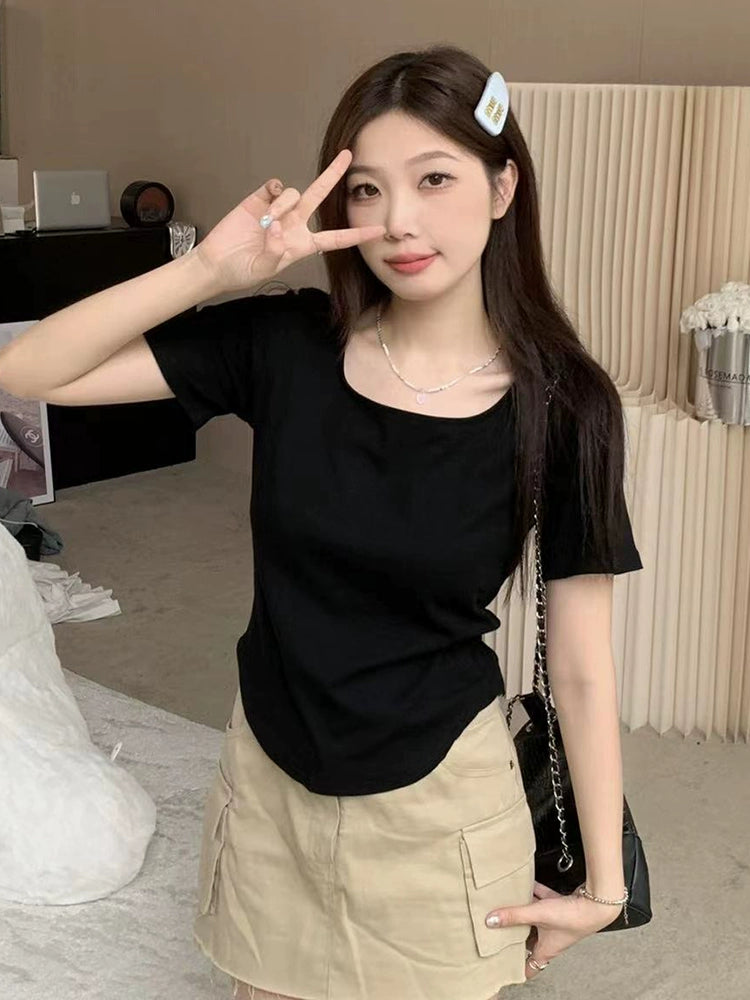 Plus Size Plus Size Ladies Belly Covering Chic Square Collar Fashionable T-shirt