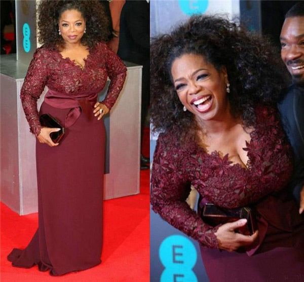 Plus Size Mother Of The Bride Dresses Burgundy Lace Long Sleeves V Neck Sash Red Carpet Formal Wedding Party Gown Madrinha