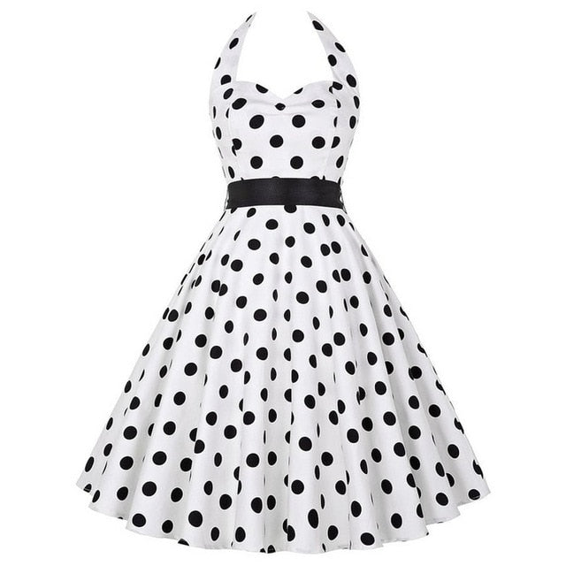 Women Polka Dot Print Summer Dress Sexy Retro White Halter Vintage Dress Plus Size Robe Femme Pin Up Rockabilly Party Dress