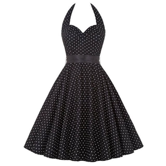 Women Polka Dot Print Summer Dress Sexy Retro White Halter Vintage Dress Plus Size Robe Femme Pin Up Rockabilly Party Dress