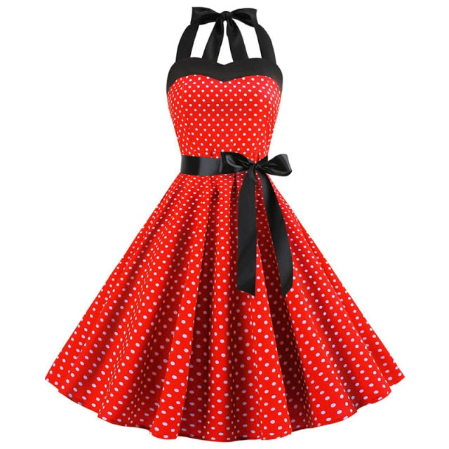 Women Polka Dot Print Summer Dress Sexy Retro White Halter Vintage Dress Plus Size Robe Femme Pin Up Rockabilly Party Dress
