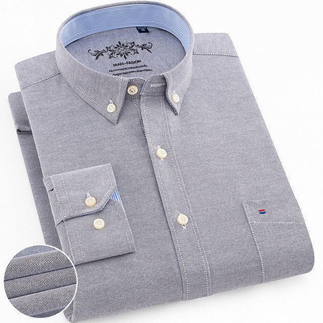 Men's Plus Size Casual Solid Oxford Dress Shirt Single Patch Pocket Long Sleeve Regular-fit Button-down Thick Shirts