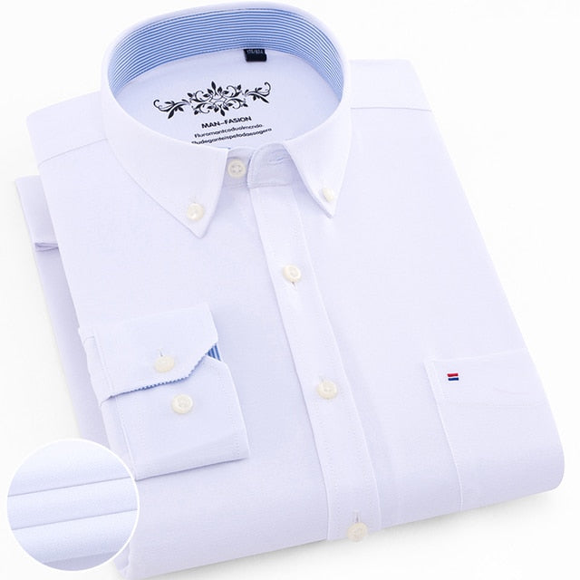 Men's Plus Size Casual Solid Oxford Dress Shirt Single Patch Pocket Long Sleeve Regular-fit Button-down Thick Shirts