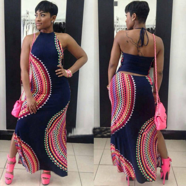 Halter Dress Sleeveless Female Party Dress Ladies Printing Boho Maxi Plus Size