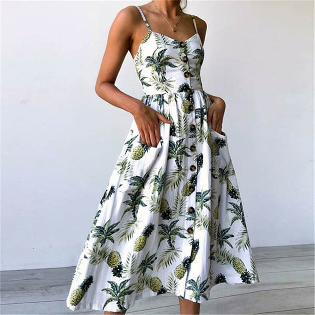 Floral Stripe Long dress V-Neck Sleevele Button Beach Casual Boho Midi Dress Plus Size 3XL vestidos