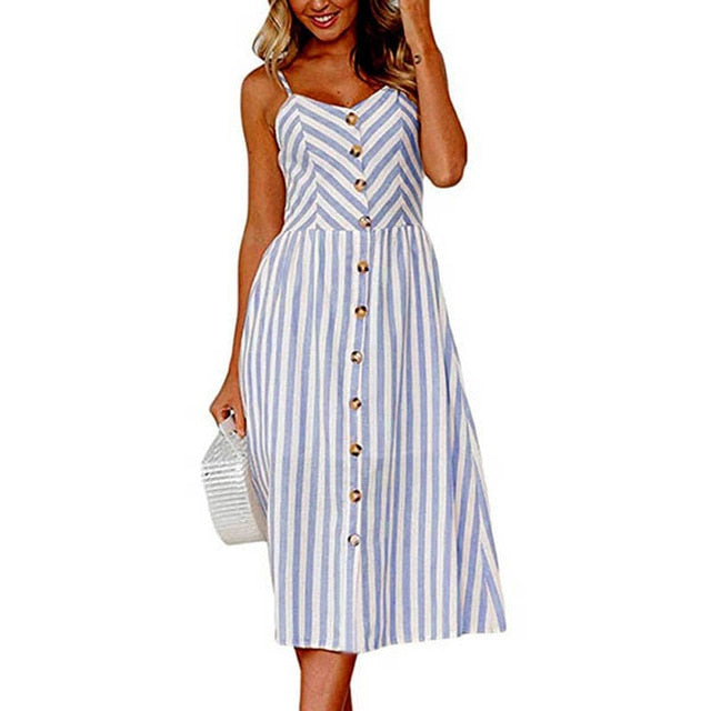 Floral Stripe Long dress V-Neck Sleevele Button Beach Casual Boho Midi Dress Plus Size 3XL vestidos