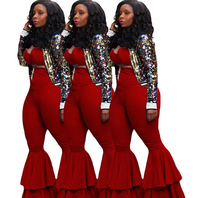 Plus Size Two Piece Sets Sexy Solid Color Tight Wrapped Top Flared Pants Outfits