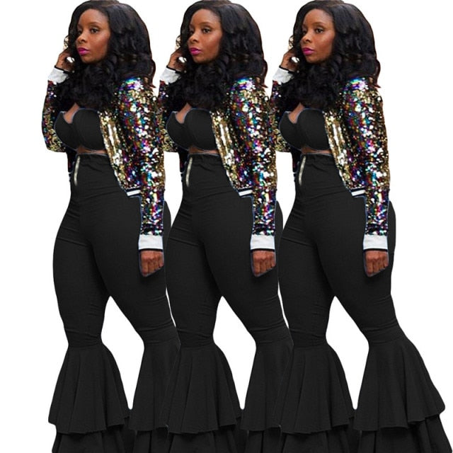 Plus Size Two Piece Sets Sexy Solid Color Tight Wrapped Top Flared Pants Outfits