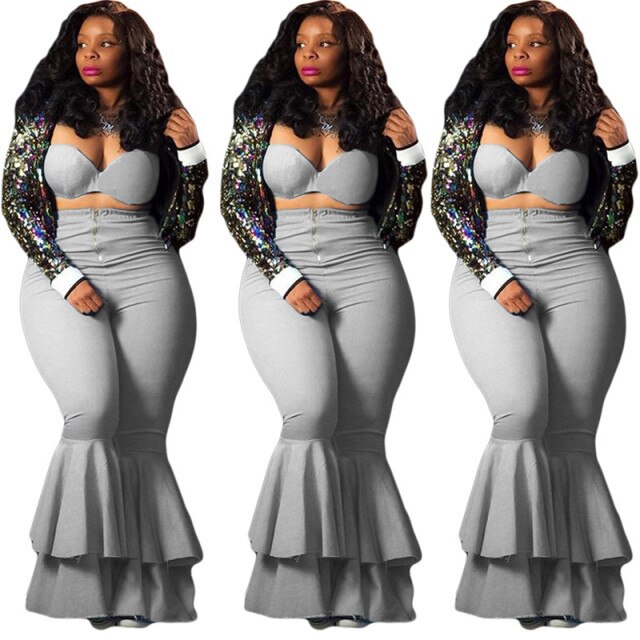 Plus Size Two Piece Sets Sexy Solid Color Tight Wrapped Top Flared Pants Outfits