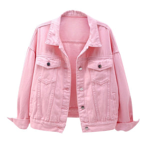 Women's plus size denim jacket spring autumn short coat pink jean jackets casual tops purple yellow white loose outerwear KW02