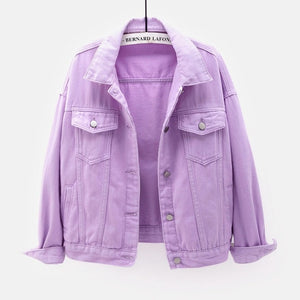 Women's plus size denim jacket spring autumn short coat pink jean jackets casual tops purple yellow white loose outerwear KW02