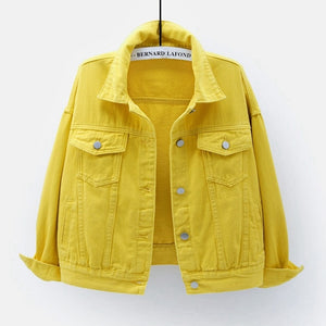 Women's plus size denim jacket spring autumn short coat pink jean jackets casual tops purple yellow white loose outerwear KW02