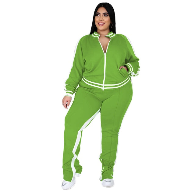 Two Piece Set Women Sweatsuit Zip Striped Top Slit Sweatpants Jogger Outfit plus-size