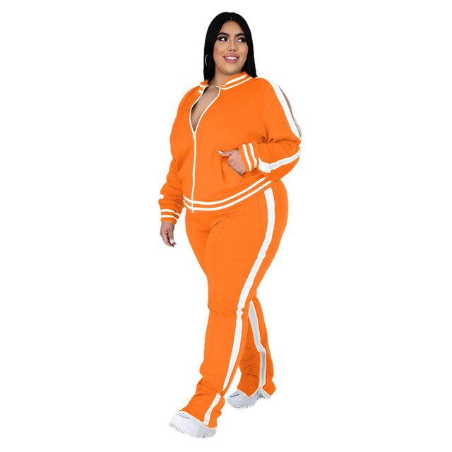 Two Piece Set Women Sweatsuit Zip Striped Top Slit Sweatpants Jogger Outfit plus-size