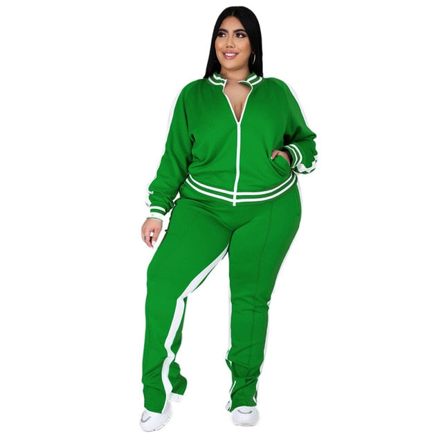 Two Piece Set Women Sweatsuit Zip Striped Top Slit Sweatpants Jogger Outfit plus-size