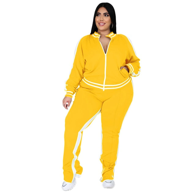 Two Piece Set Women Sweatsuit Zip Striped Top Slit Sweatpants Jogger Outfit plus-size