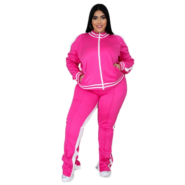 Two Piece Set Women Sweatsuit Zip Striped Top Slit Sweatpants Jogger Outfit plus-size
